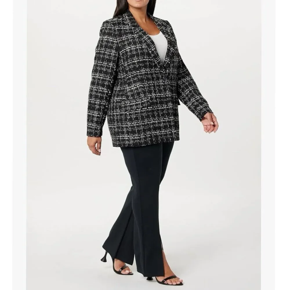 The Drop Blazer Womens Size XS Blake Long Plaid Single Breasted Black Boucle